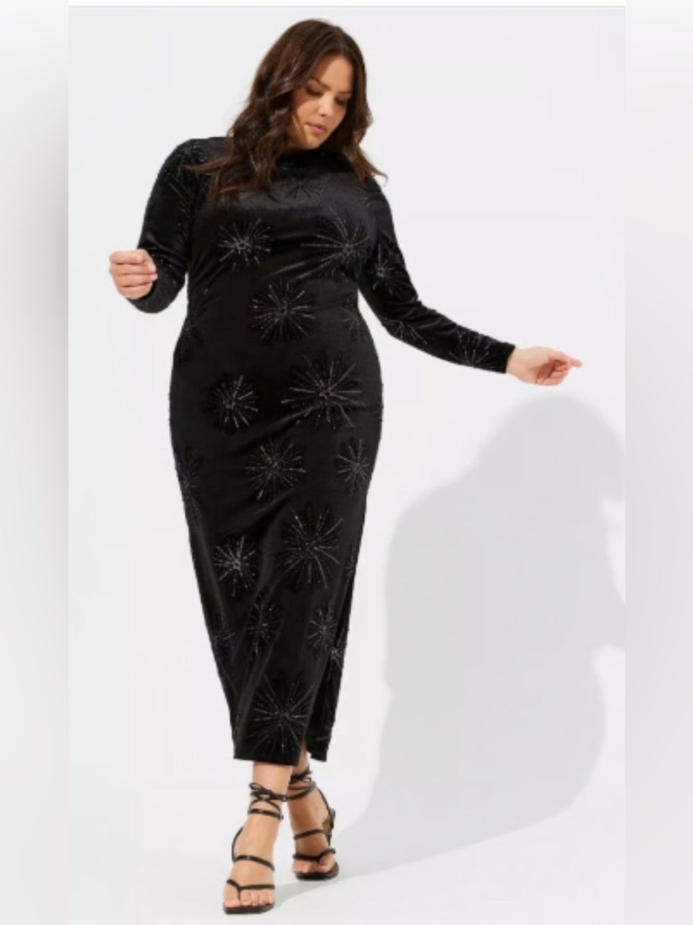 NWT Torrid Maxi Beaded Embroidery Velvet Mock Neck Dress Celestial Black 3x